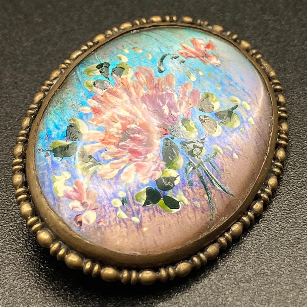 Vintage Hand Painted Brooch‎ Pink Dahlia Flower Morpho Butterfly Wing Glass Top